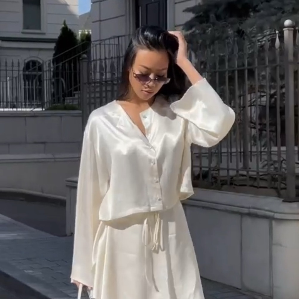 Elegant Cream Satin Blouse and Skirt Set